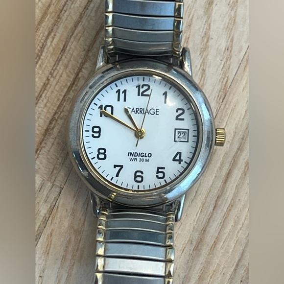 Carriage Ladies Watch Indiglo White Dial Two Tone Stretch Stainless Bracelet - Picture 3 of 8